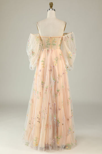 Champagne sur l’épaule Manches longues A-Line Robe de Soirée